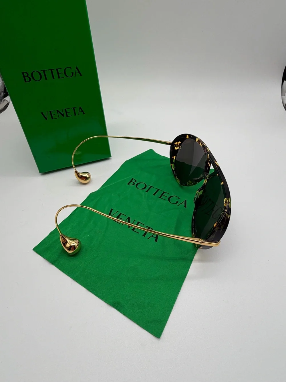 Bottega Veneta Black Tortoiseshell Aviator Sunglasses with Gold Hardware